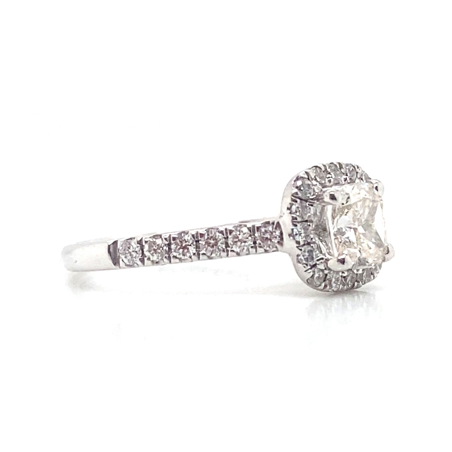 18ct White Gold Cushion Cut Diamond Halo and Pave Engagement Ring