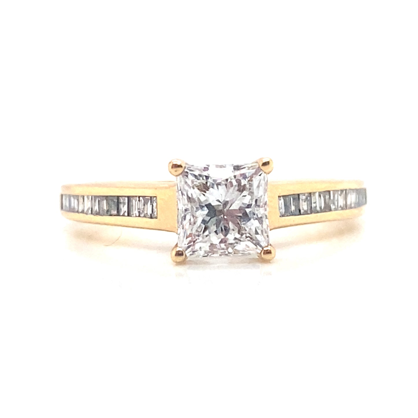 18ct Yellow Gold Princess Cut Diamond Ring with Baguette Cut Diamond Set Shoulders