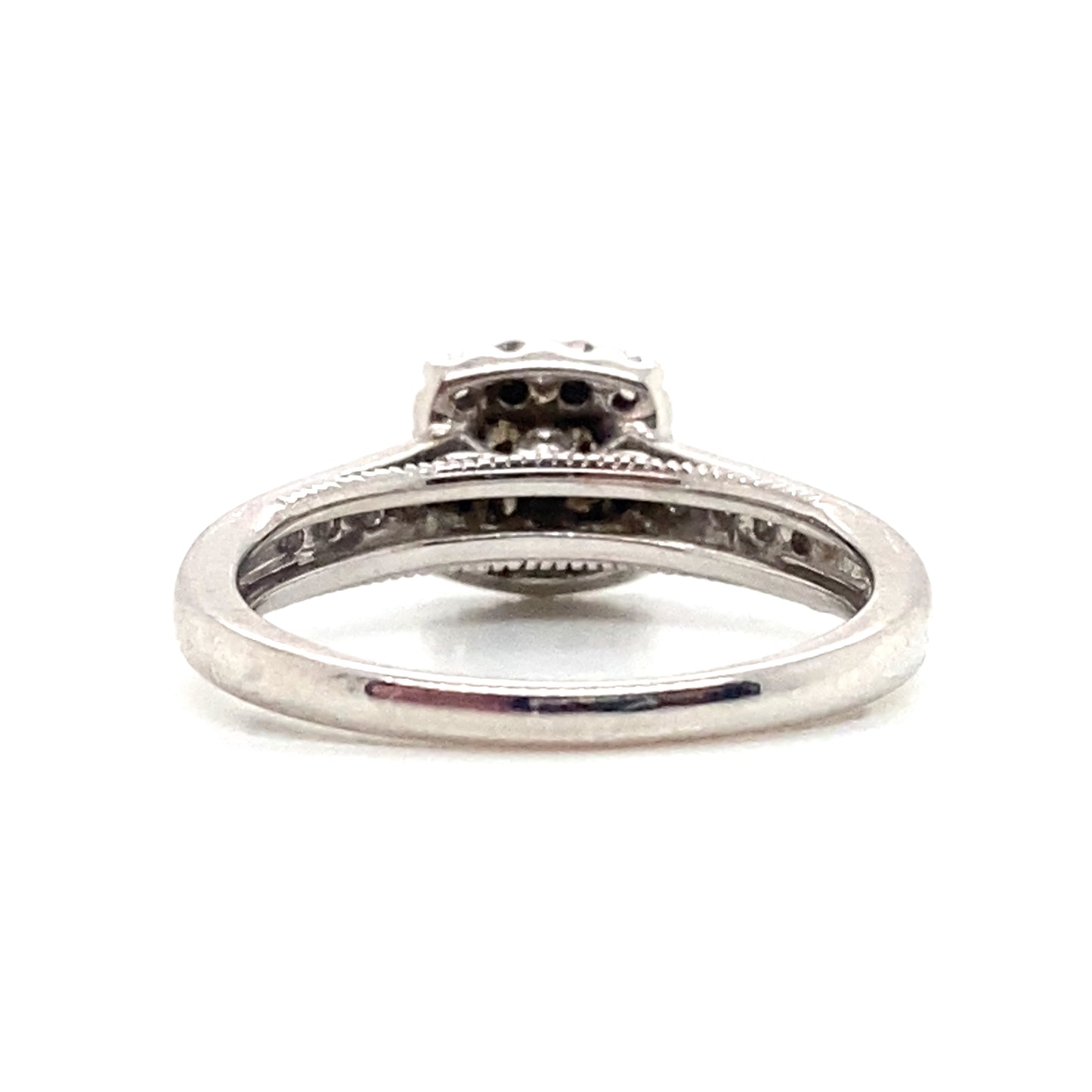 9ct White Gold Engagement Ring, cluster of 4 princess cut diamonds set in a cushion shaped halo , pave set and filigree