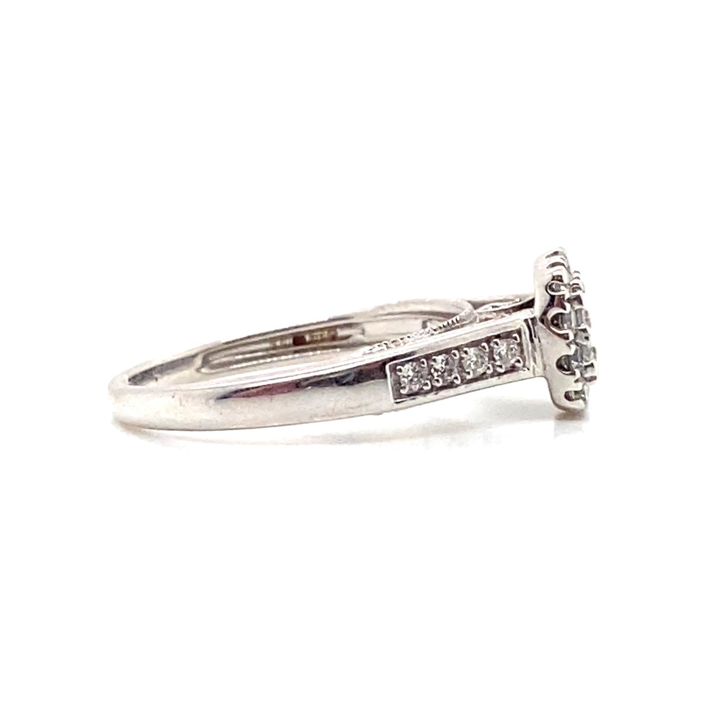 9ct White Gold Engagement Ring, cluster of 4 princess cut diamonds set in a cushion shaped halo , pave set and filigree