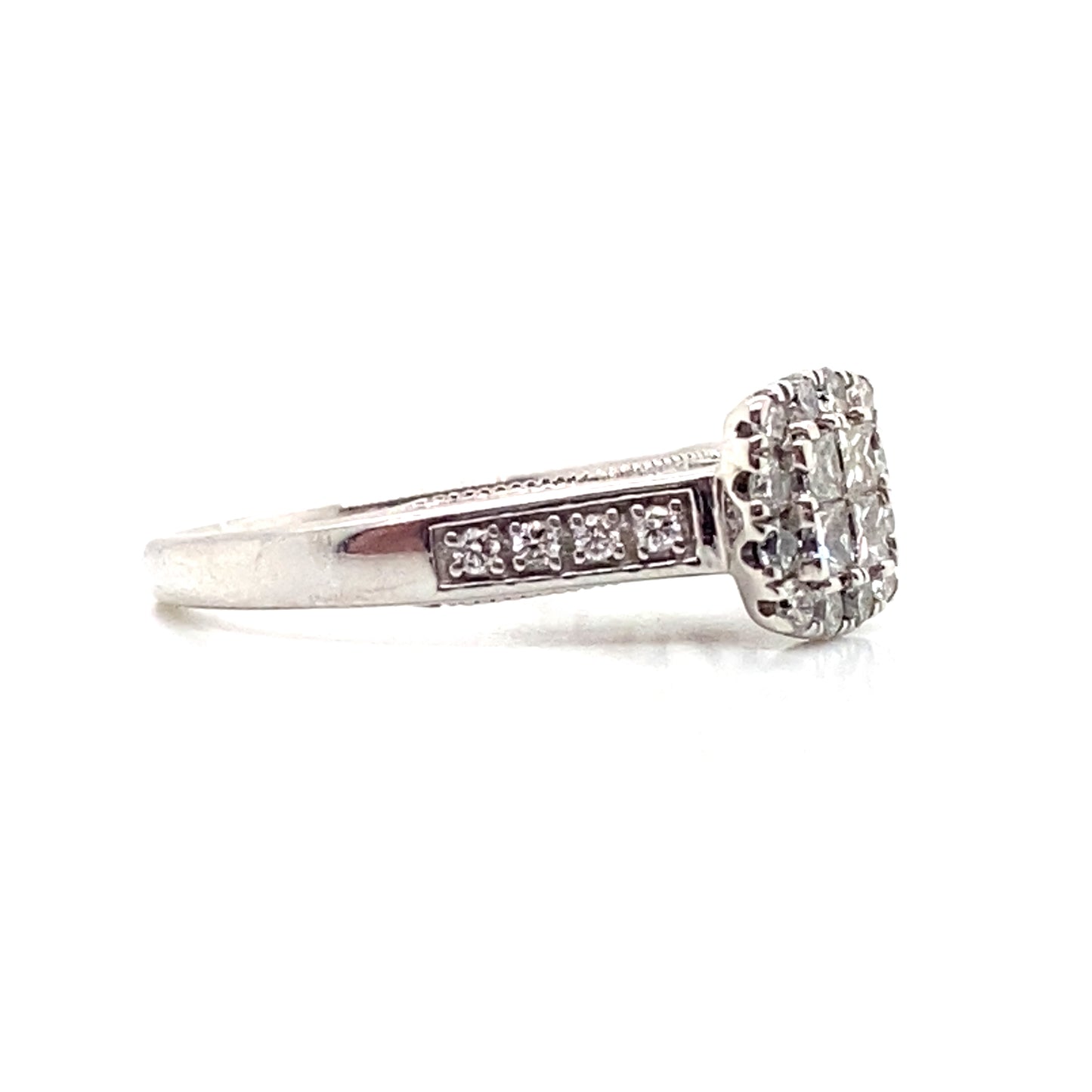 9ct White Gold Engagement Ring, cluster of 4 princess cut diamonds set in a cushion shaped halo , pave set and filigree