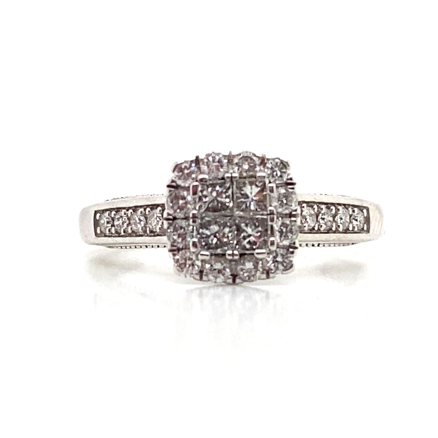 9ct White Gold Engagement Ring, cluster of 4 princess cut diamonds set in a cushion shaped halo , pave set and filigree