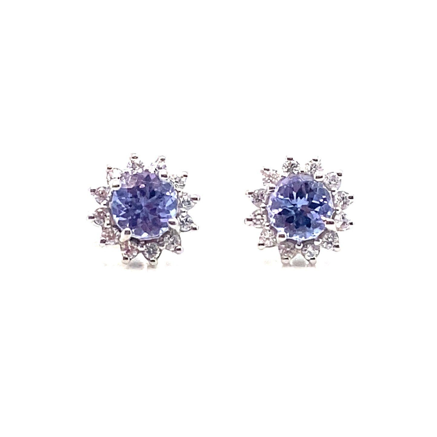 9ct White Gold Round Tanzanite and Diamond Halo Stud Earrings