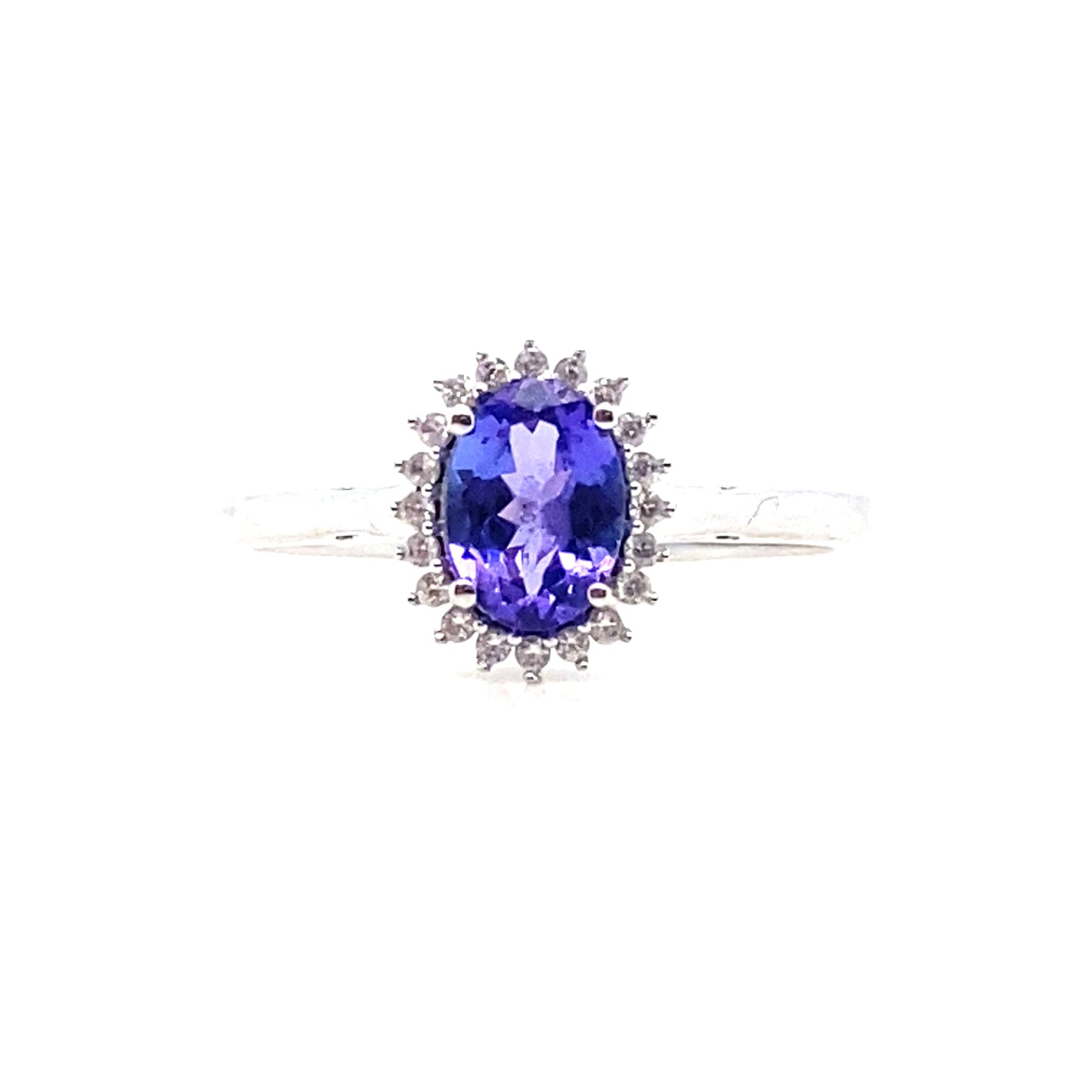 9ct White Gold Oval Tanzanite and Diamond Fine Halo Ring