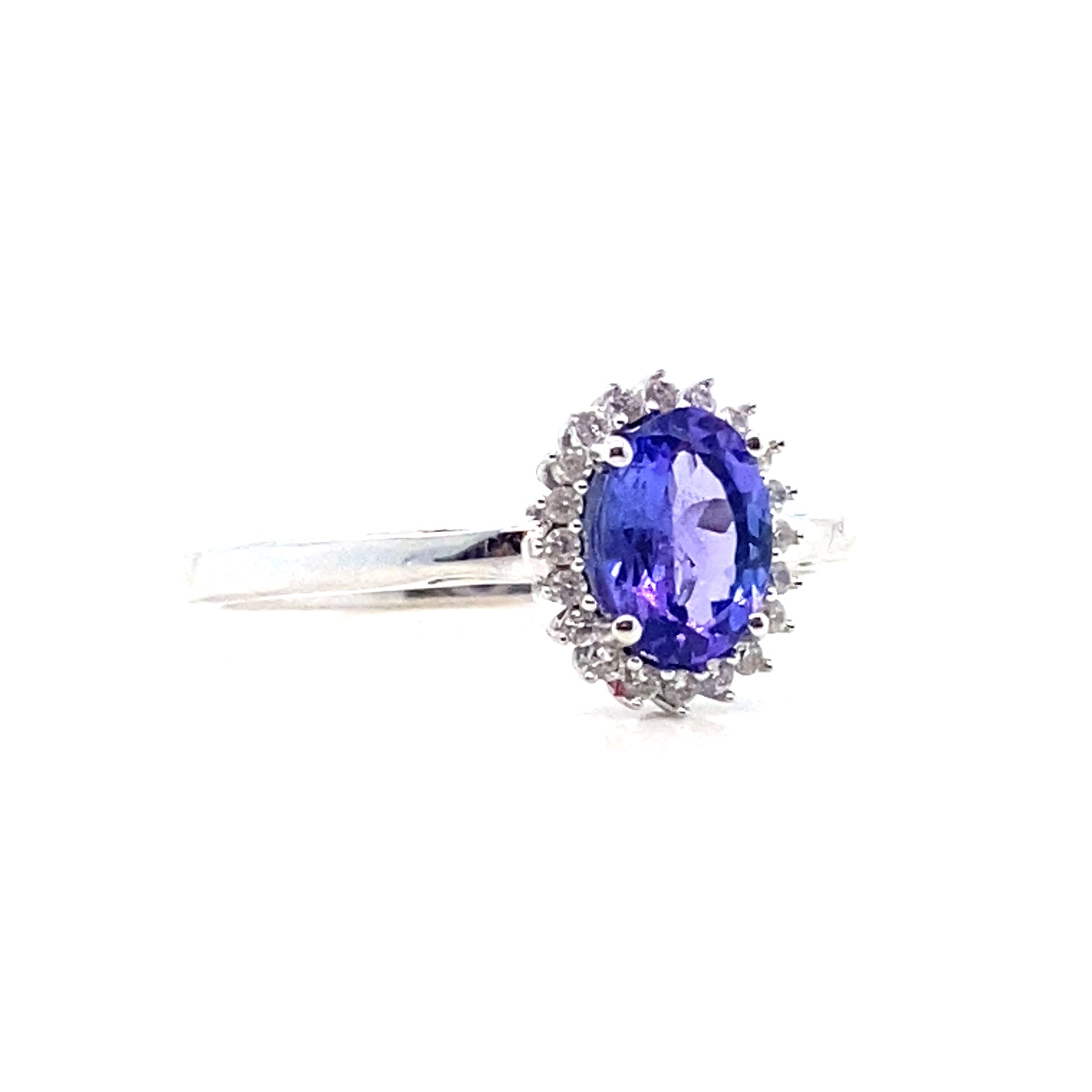 9ct White Gold Oval Tanzanite and Diamond Fine Halo Ring