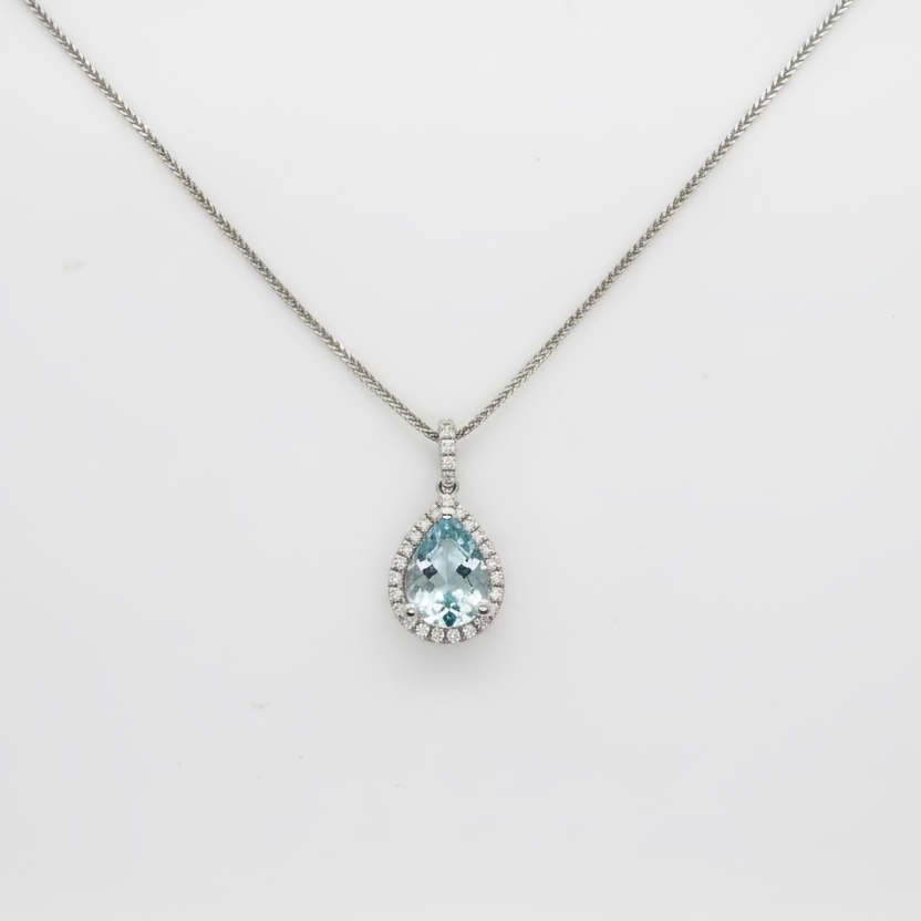 Pear Cut Aquamarine, Diamond Halo Claw Set Pendant, Diamond Set Bail in 18ct White Gold
