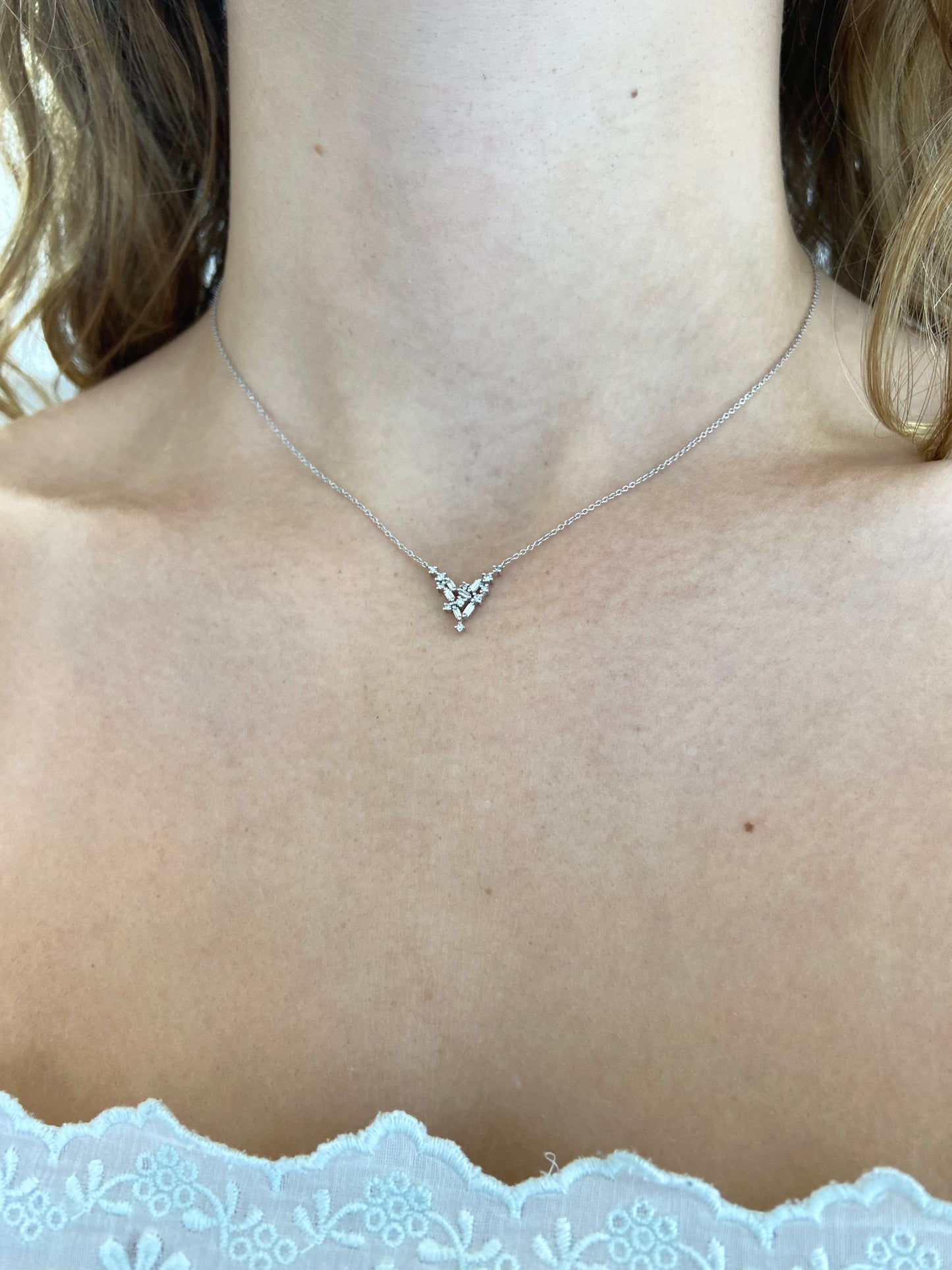 Baguette Cut and Round Brilliant Diamond "Waterfall", 9ct White Gold Necklace