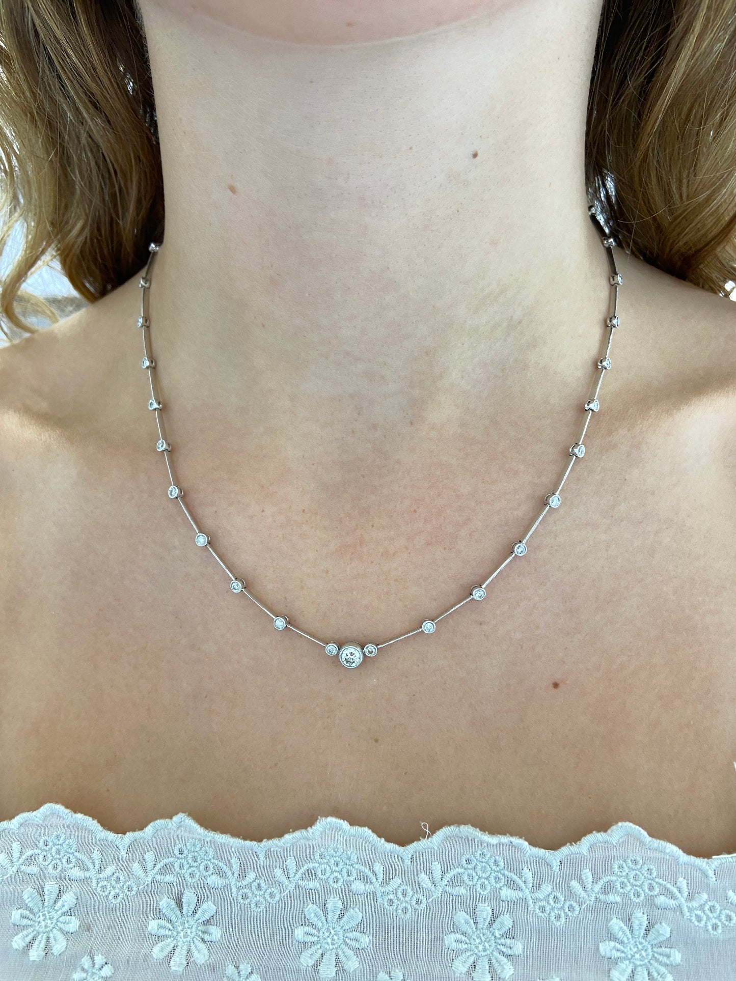 Vintage Bezel Set Diamond Line-Bar Necklace in 14ct White Gold