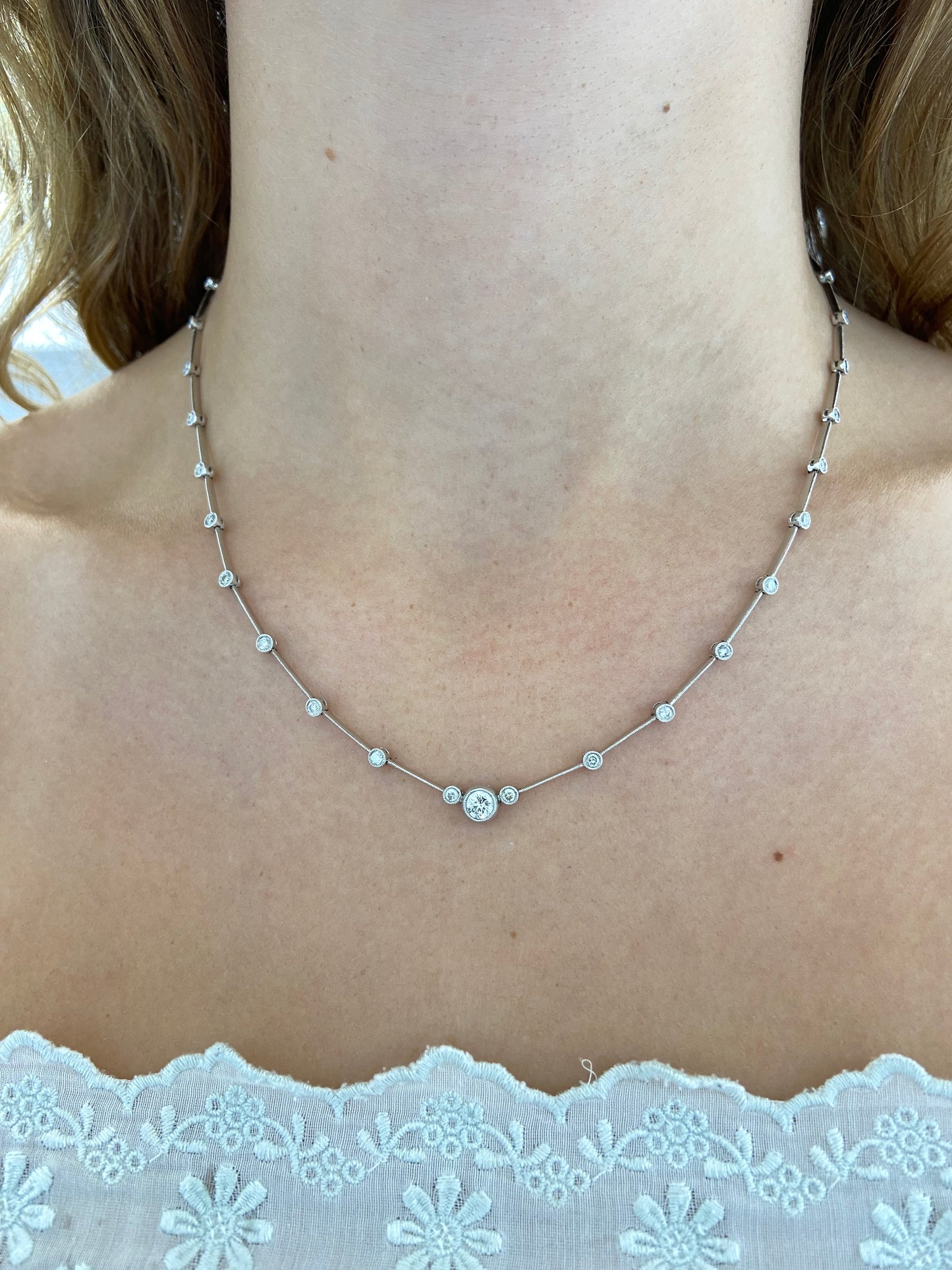 Vintage Bezel Set Diamond Line-Bar Necklace in 14ct White Gold