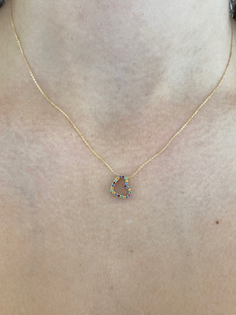9ct Yellow Gold Necklace with Multicoloured Heart Charm 15" + 1"