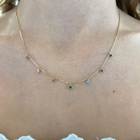 9ct Yellow Gold Cubic Zirconia Rainbow Drop Necklace 16" + 1.5"