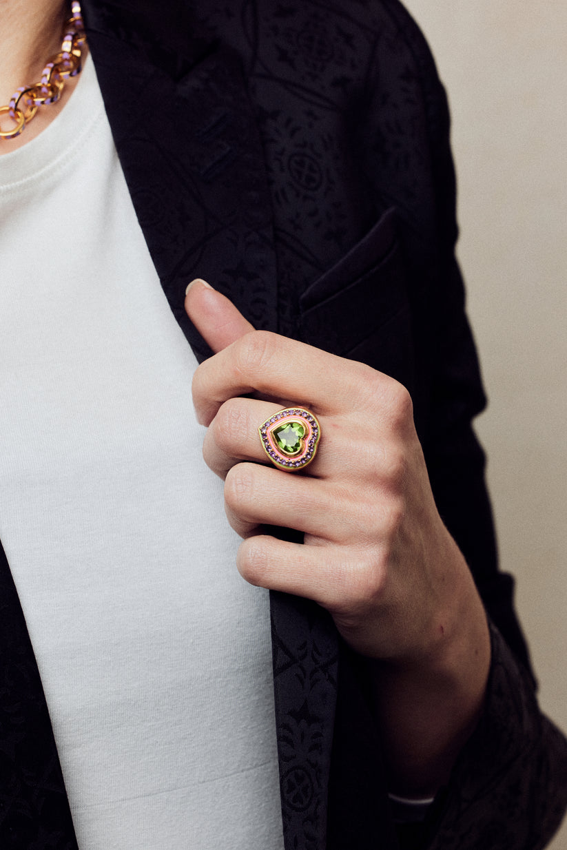 Firework Heart Ring Amethyst and LG Peridot in 22ct Gold Vermeil