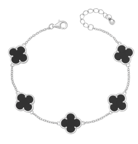 925 Silver Rhodium Plated Black Onyx Five Clover Bracelet