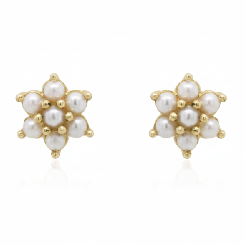 9ct Yellow Gold Cluster Stud Flower Pearl Earrings