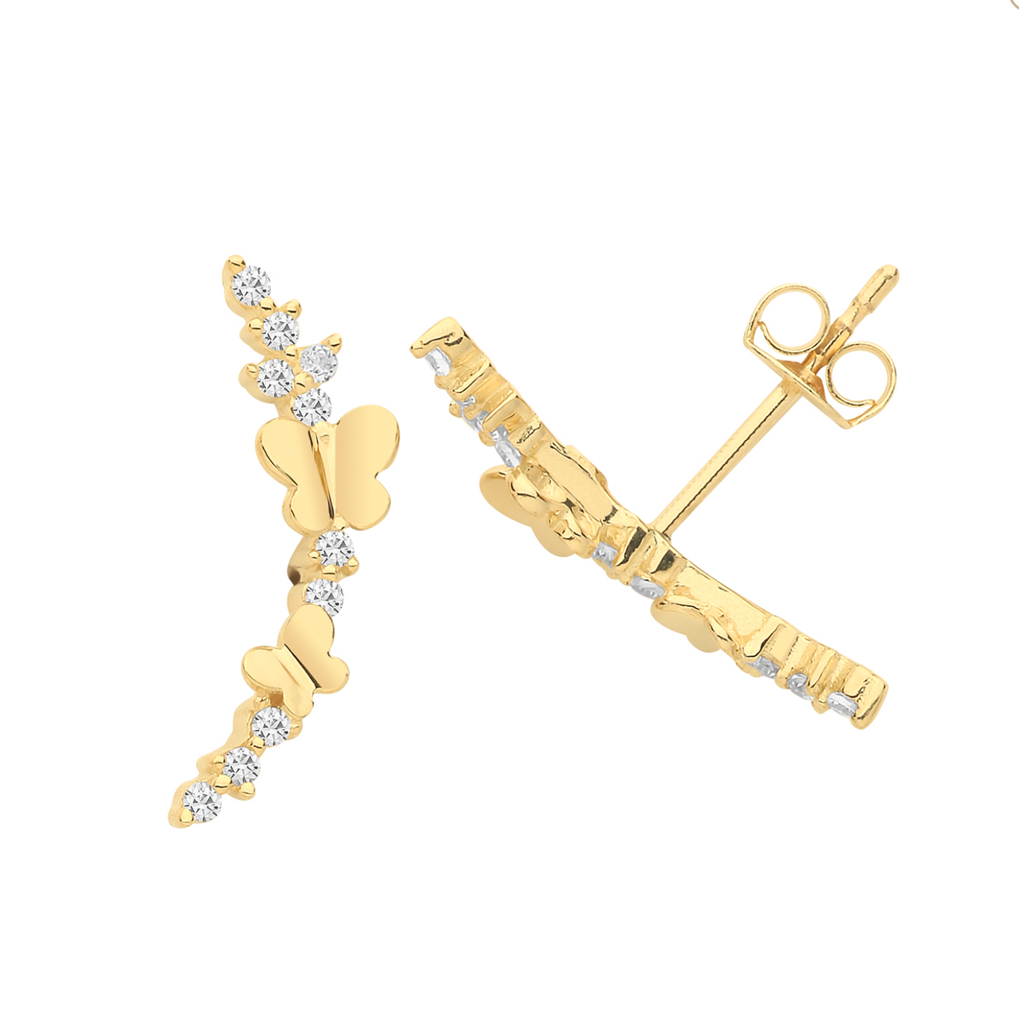 Single 9ct Yellow Gold Butterfly and Leaf Climber Stud Earrings with Cubic Zirconia