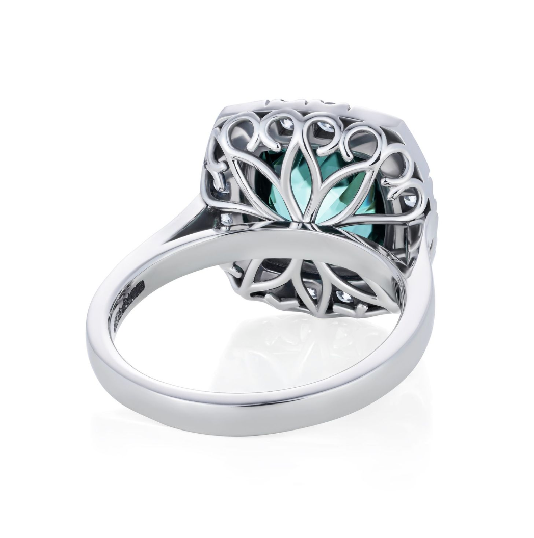 Lagoon Cushion Cut Tourmaline Turquoise Diamond Platinum Ring