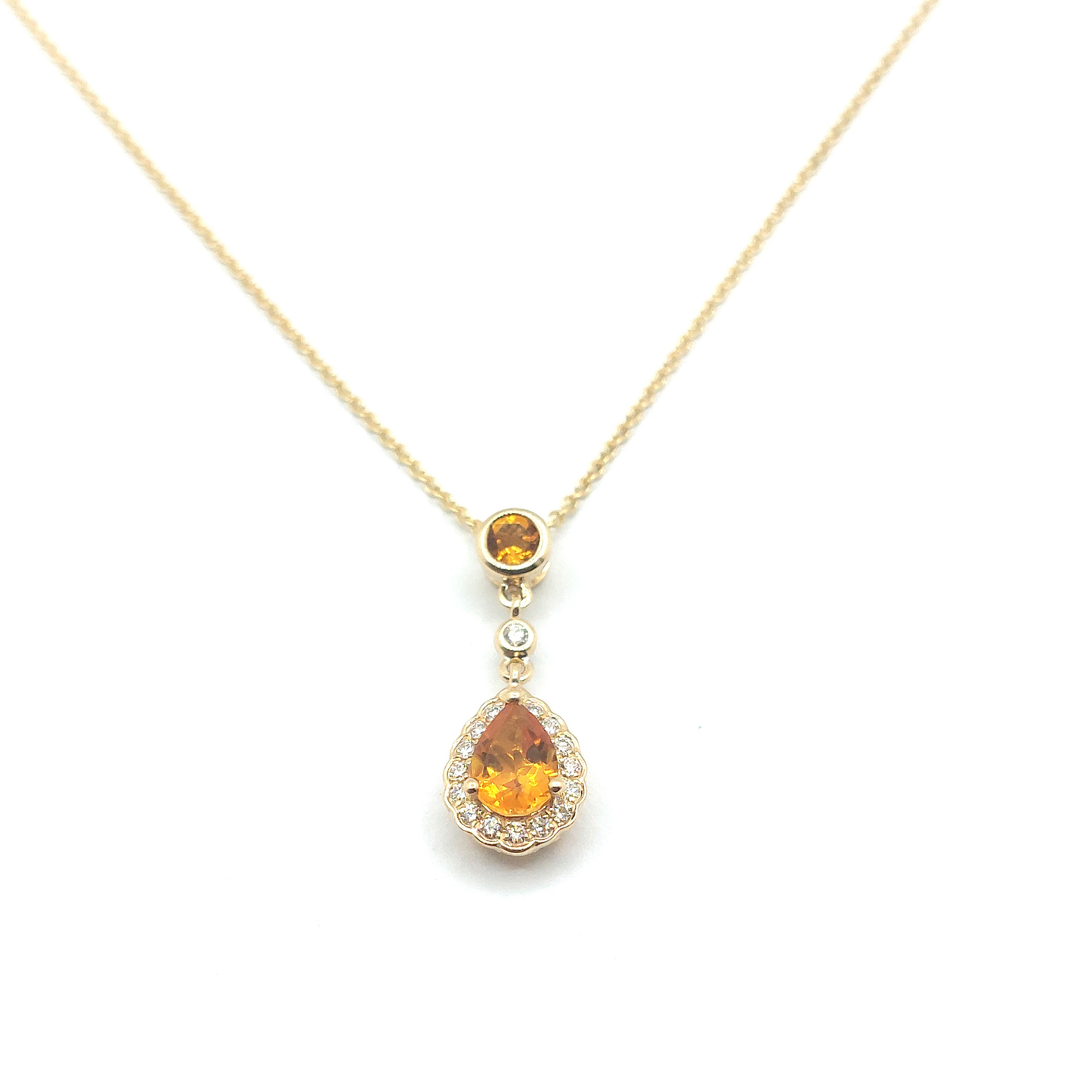 9ct Yellow Gold Diamond and Citrine Pear Cut Drop Pendant on Rolo Chain