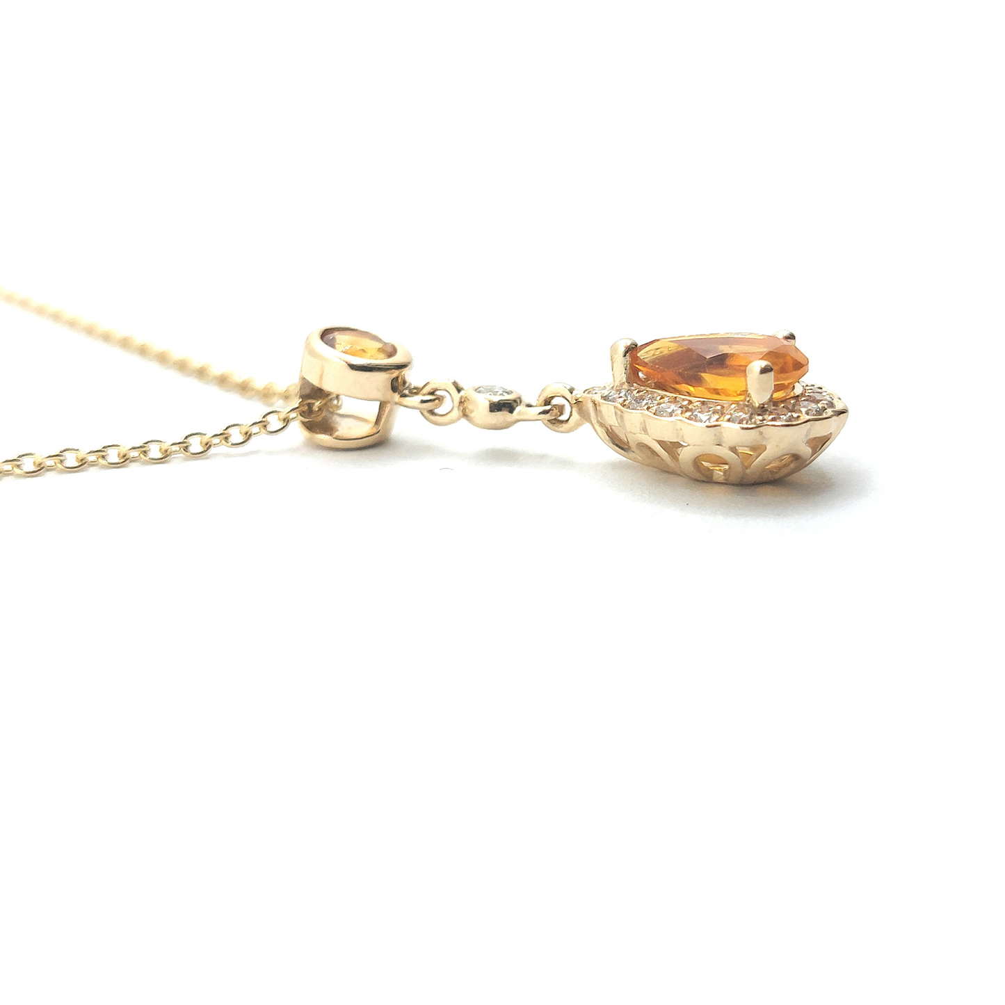 9ct Yellow Gold Diamond and Citrine Pear Cut Drop Pendant on Rolo Chain