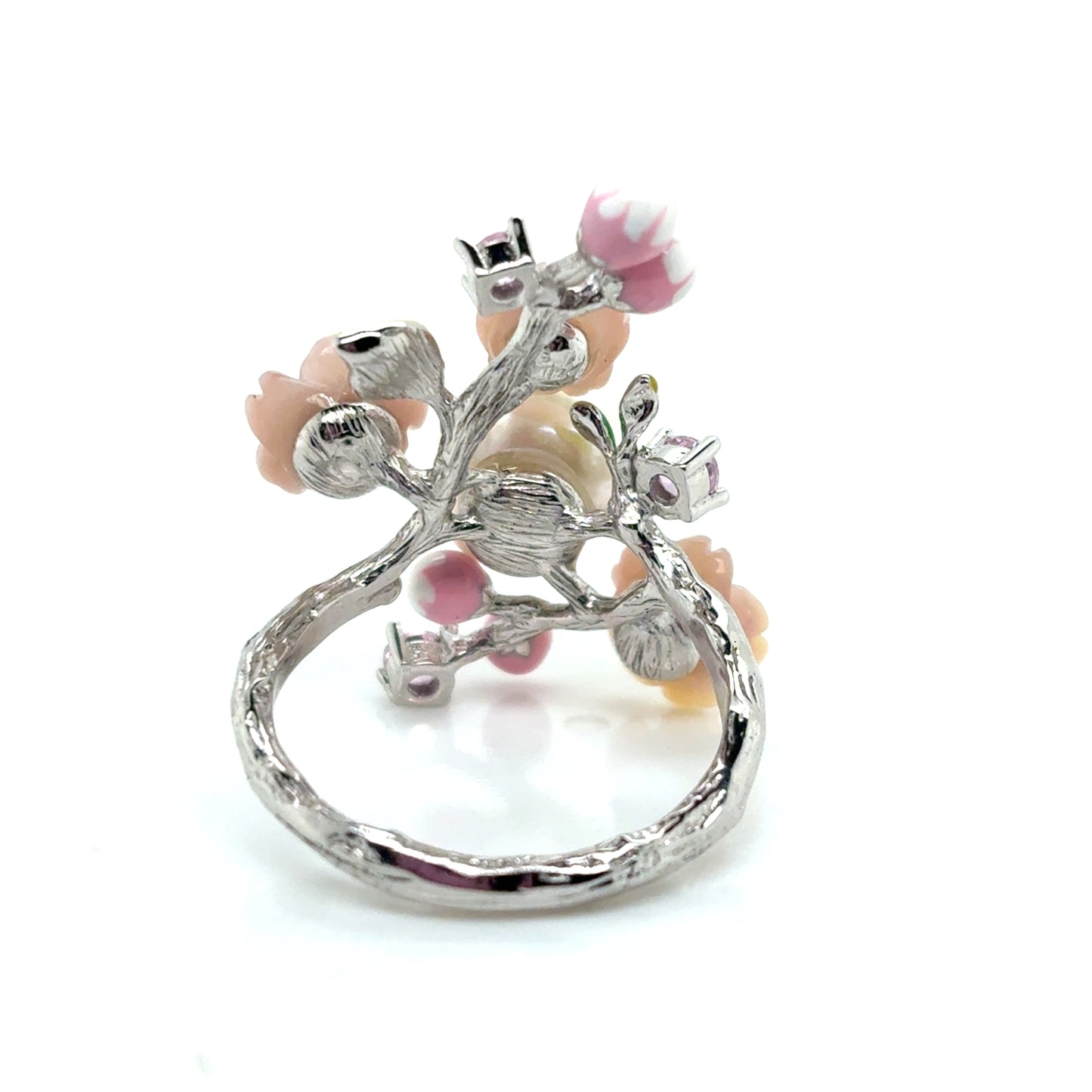 925 Silver Pearl and pink flower bouquet set (Ring, Necklace, Clip earrings)