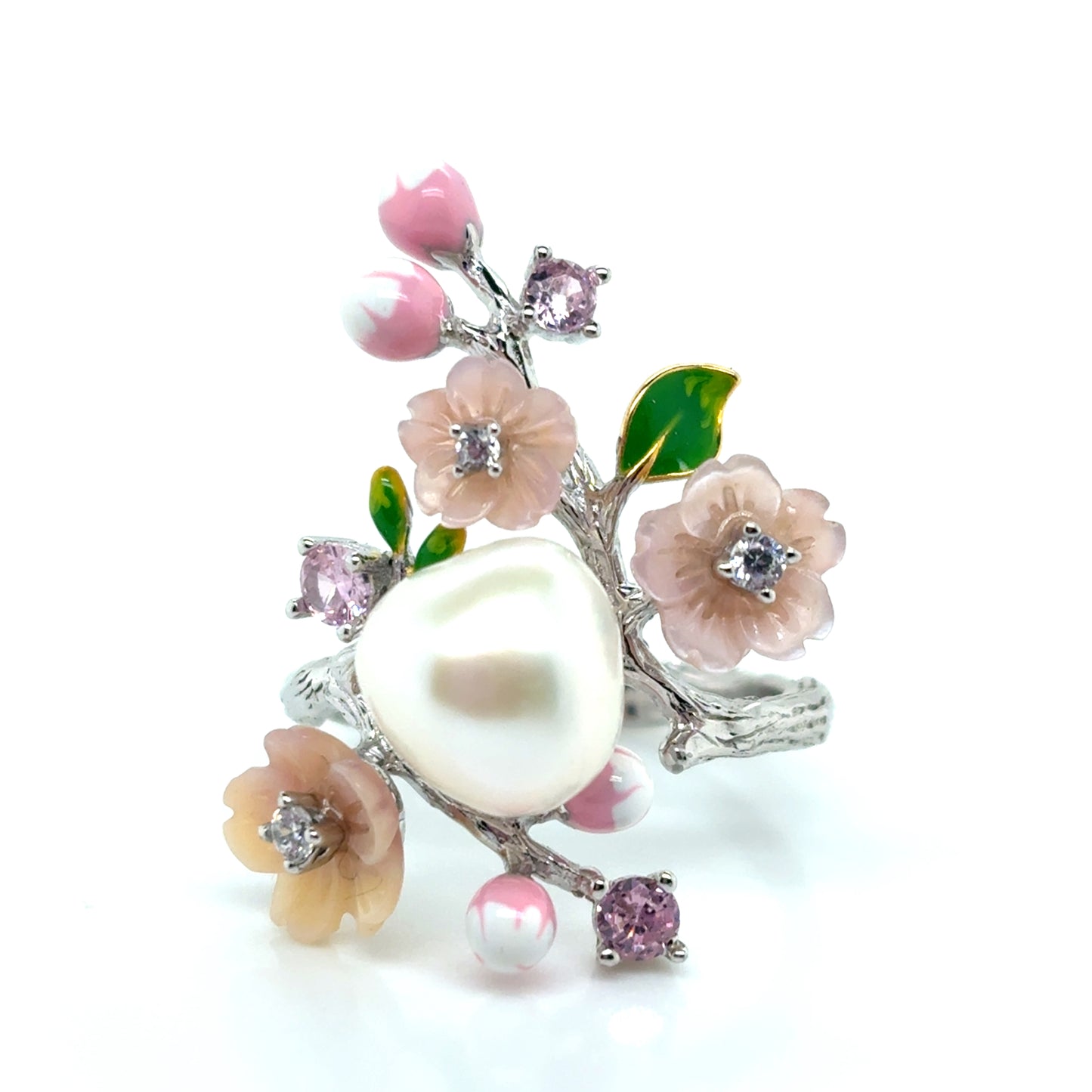 925 Silver Pearl and pink flower bouquet set (Ring, Necklace, Clip earrings)