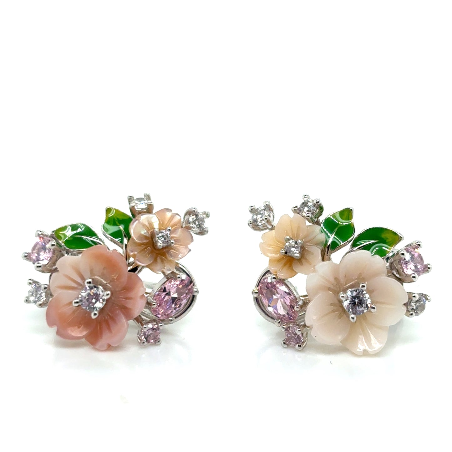 925 Silver Pearl and pink flower bouquet set (Ring, Necklace, Clip earrings)