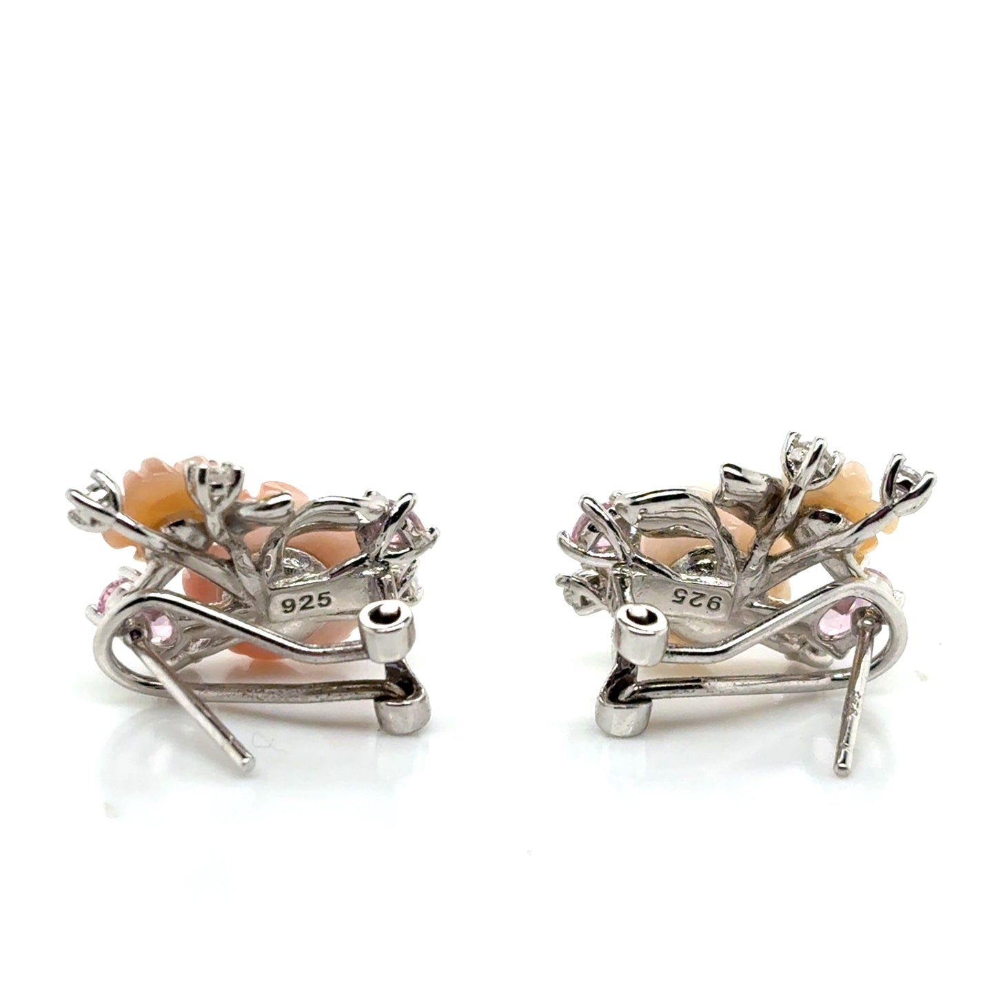925 Silver Pearl and pink flower bouquet set (Ring, Necklace, Clip earrings)