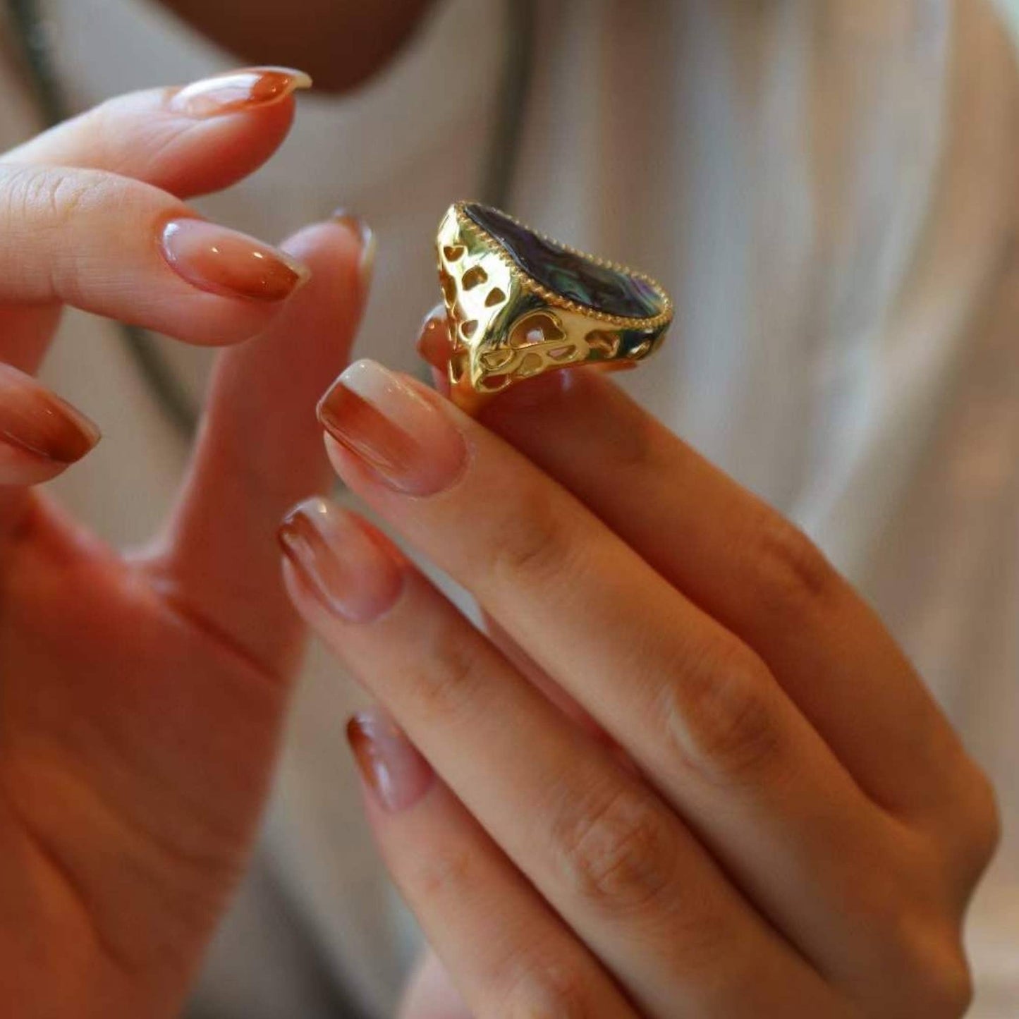 Gold Vermeil Adjustable Ocean Wave Design Shell Statement Ring