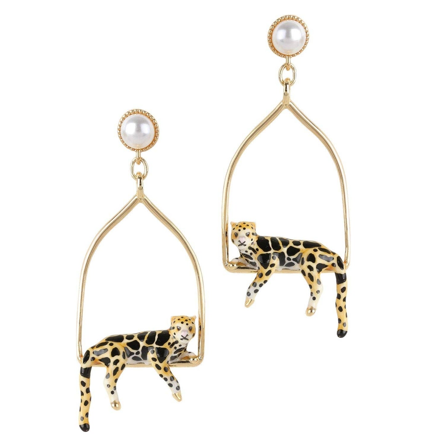 Gold Plated Clouded Leopards Triangle Hoop Drop Earrings