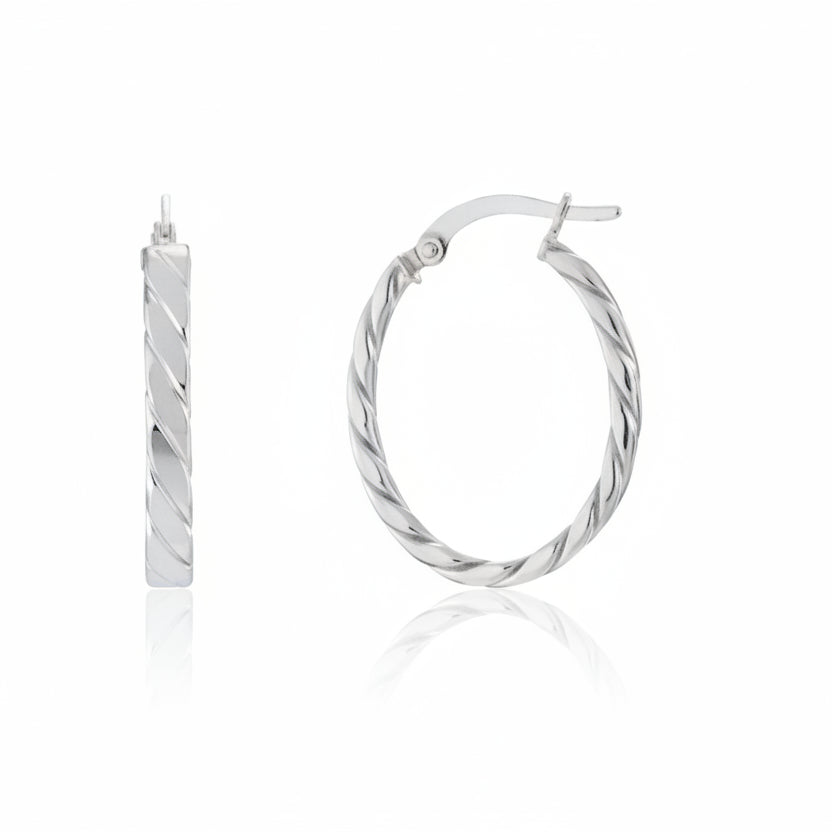 9ct White Gold Twist Oval Hoop Earrings