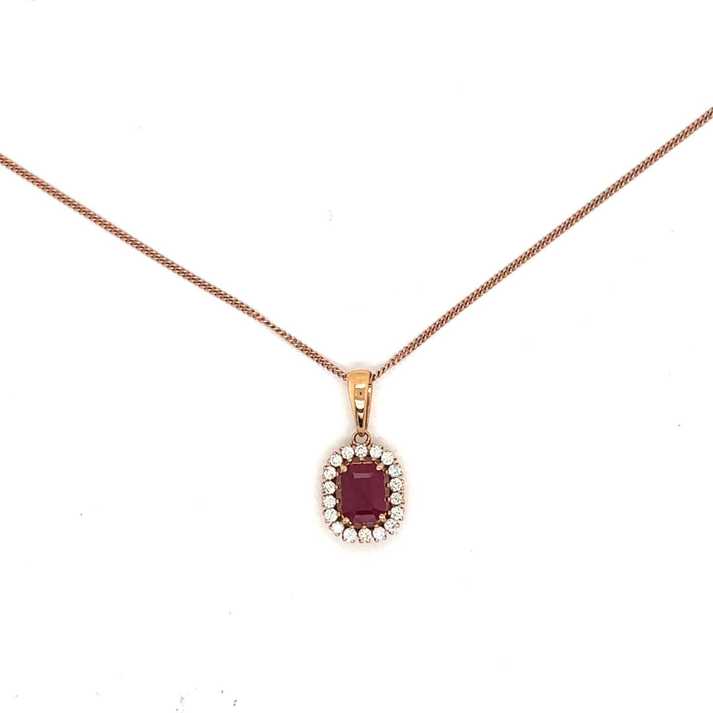 Emerald Cut Ruby and Diamond Halo Pendant in 18ct Rose Gold