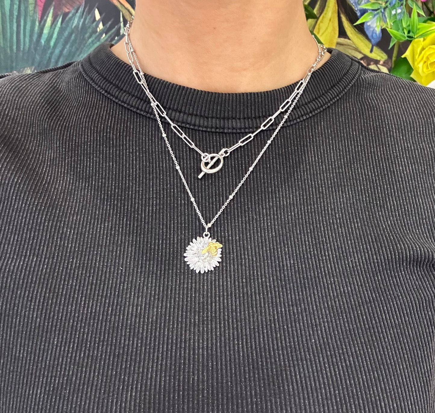 925 Silver Daisy Pendant with Gold Bumblee Bee Necklace on Satellite Chain