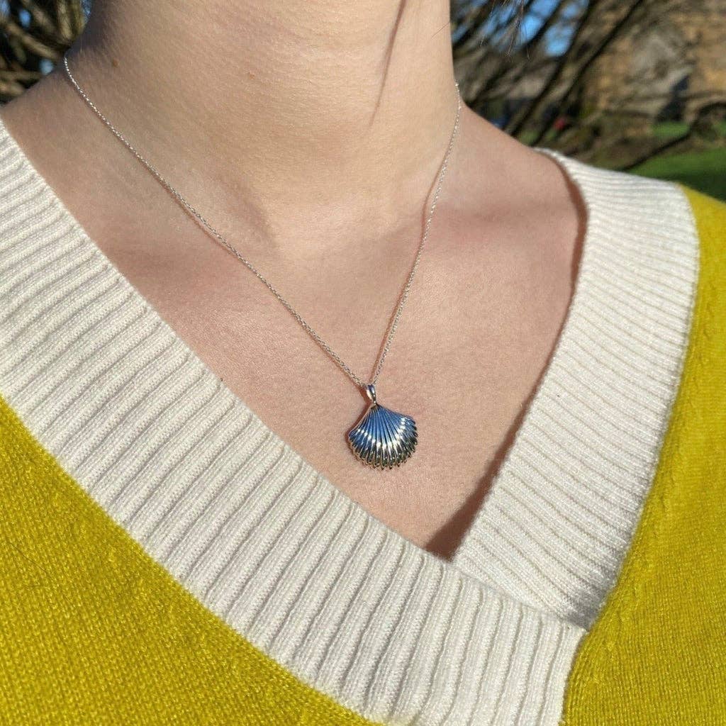 Large Scallop Shell Sterling Silver Necklace