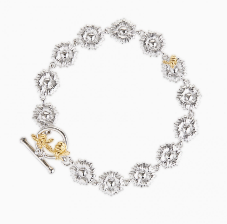 Rhodium and Gold Plated Two Tone Daisy and Bumble Bee Bracelet