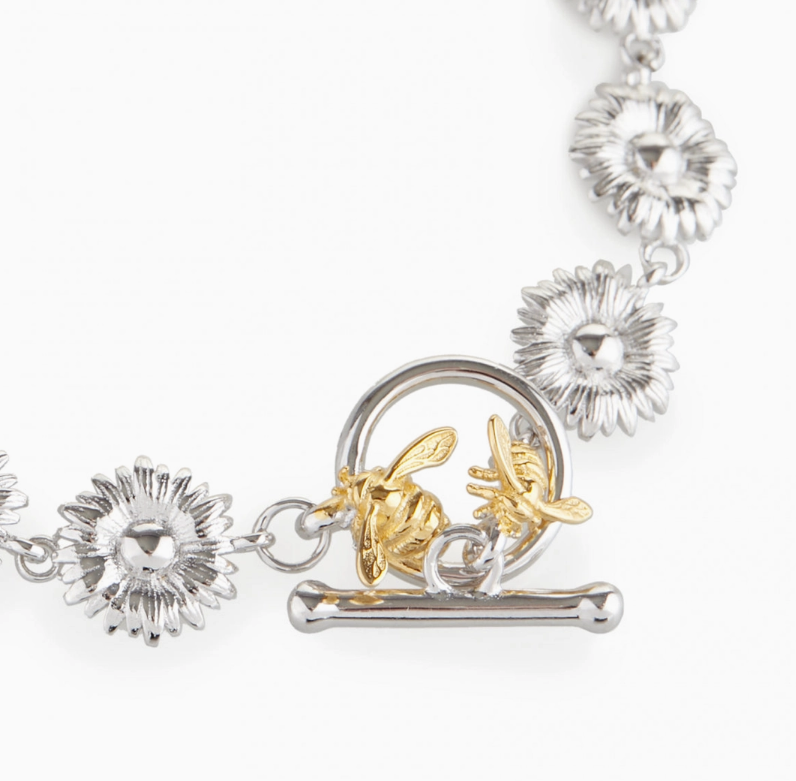 Rhodium and Gold Plated Two Tone Daisy and Bumble Bee Bracelet
