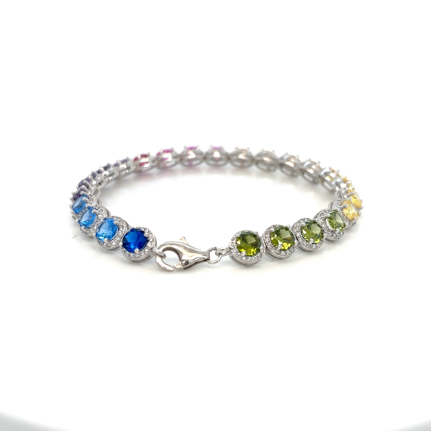 Sterling Silver Bracelet with Halo Multicoloured Rainbow Cubic Zirconia