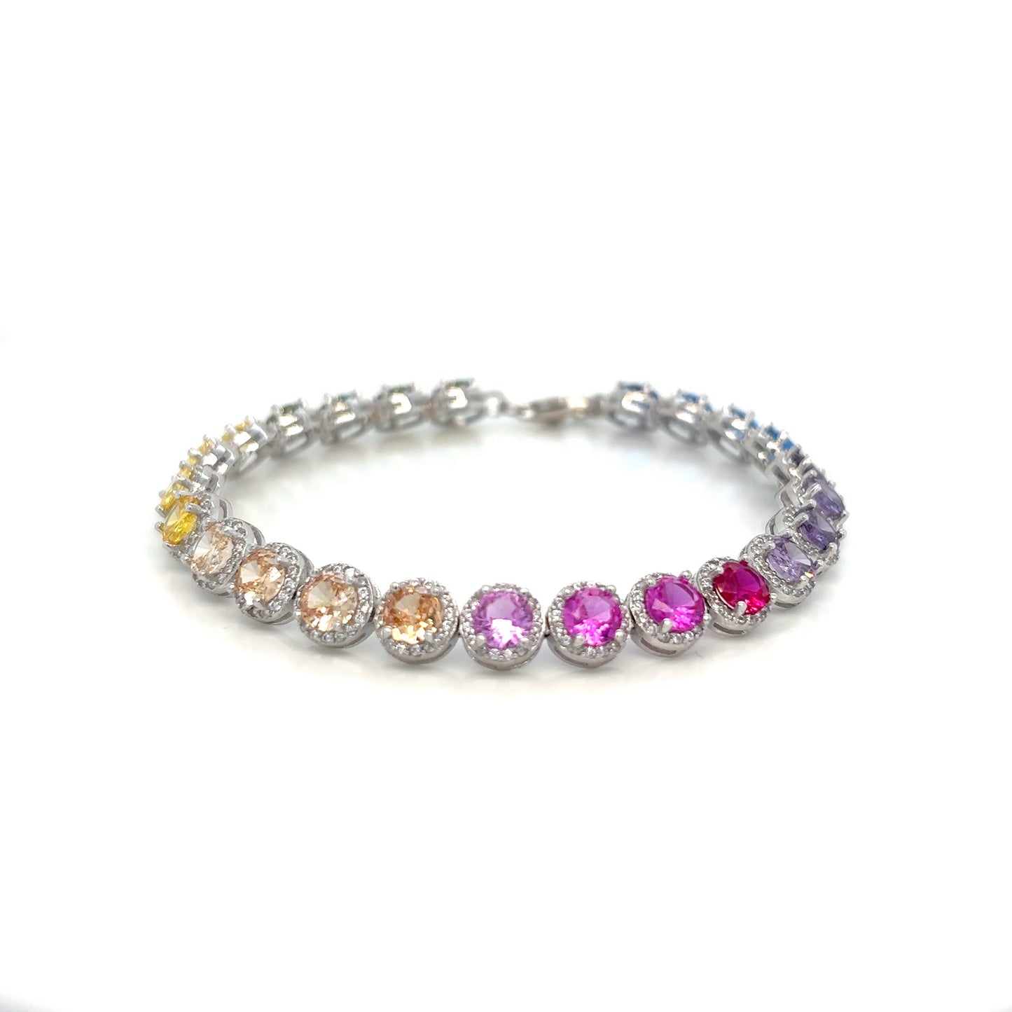 Sterling Silver Bracelet with Halo Multicoloured Rainbow Cubic Zirconia