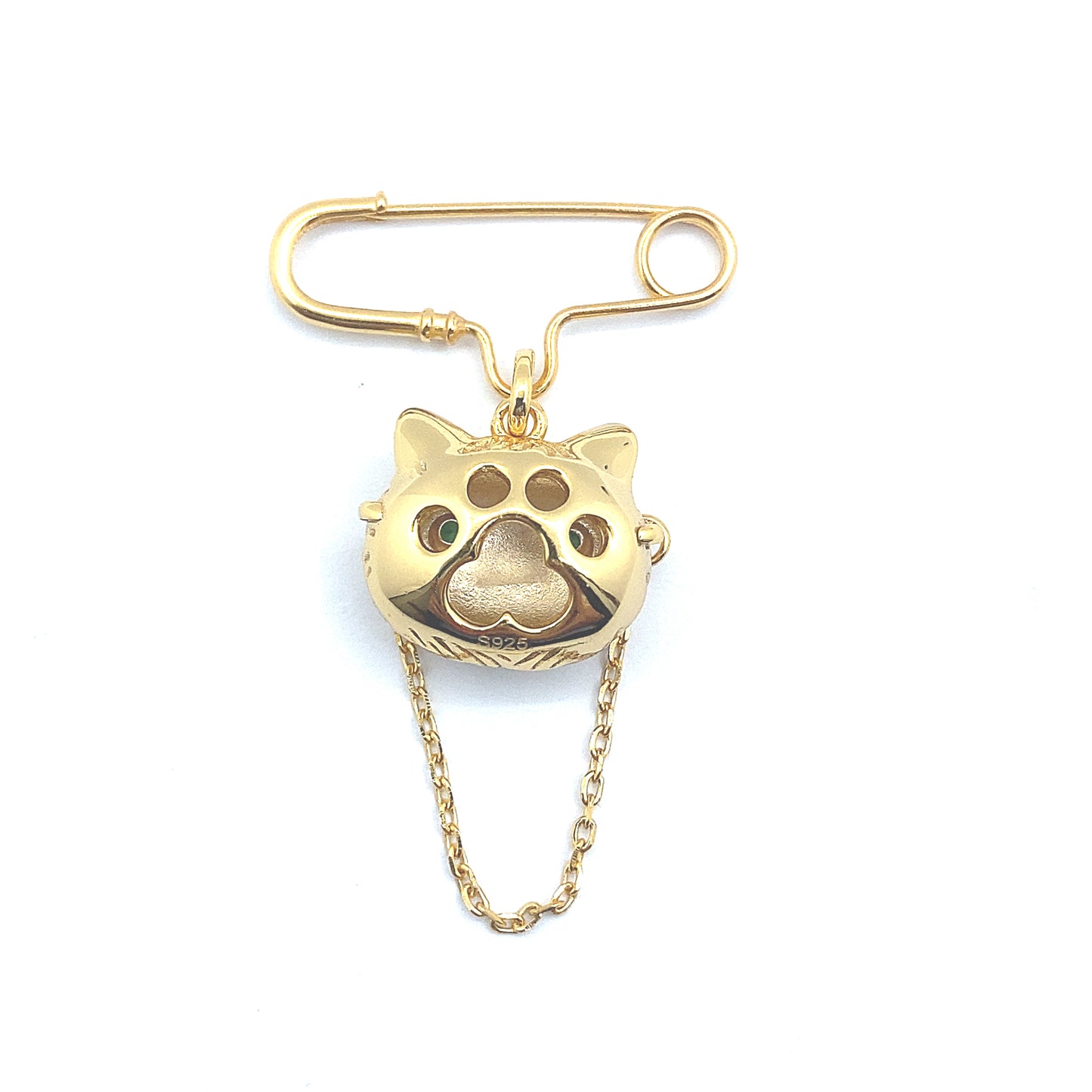 Silver 18ct Gold Plated Frenchie Cat Brooch with Sparkling Green Eyes