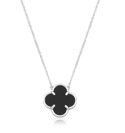 925 Silver Rhodium Plated Black Onyx Clover Necklace