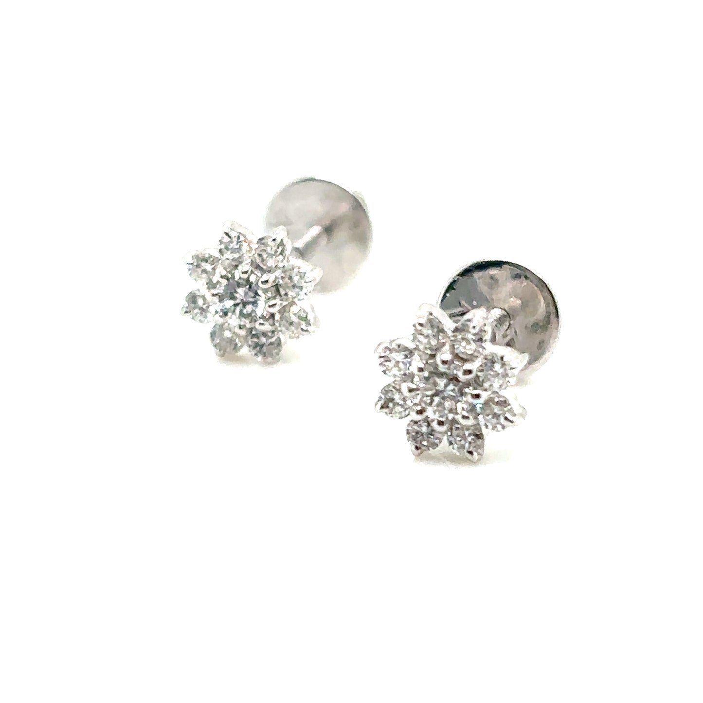 8 Petal Flower Diamond Cluster Stud Earrings, in 18ct White Gold with Screw Backs