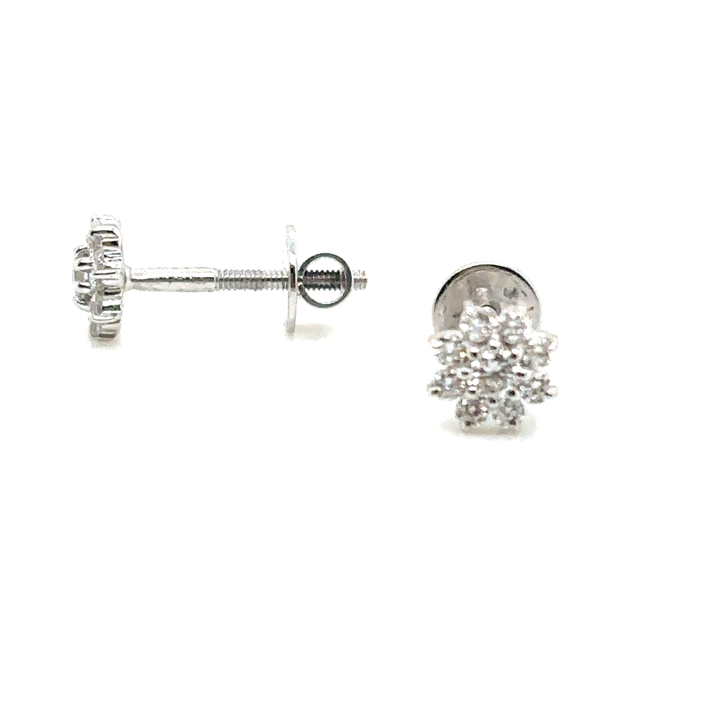 8 Petal Flower Diamond Cluster Stud Earrings, in 18ct White Gold with Screw Backs