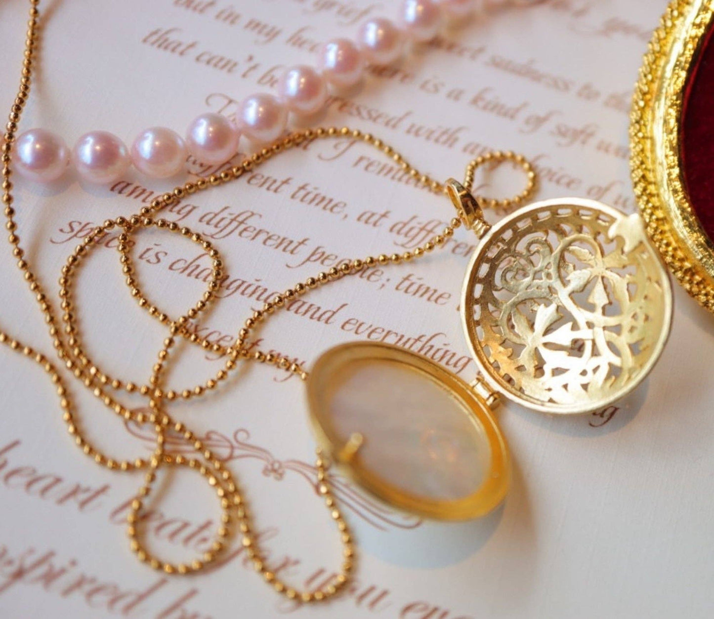 Sterling Silver, 18ct Gold Plated, Mother Of Pearl Round Filigree Style Locket Pendant