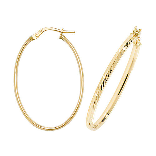 Daimond Cut Oval Hoop Earrings In 9ct Yellow Gold