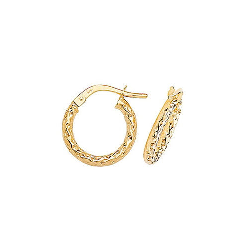 9ct Yellow Gold 10mm Diamond Cut Hoop Earrings