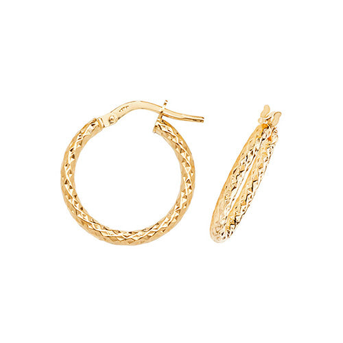 9ct Yellow Gold 15mm Diamond Cut Hoop Earrings