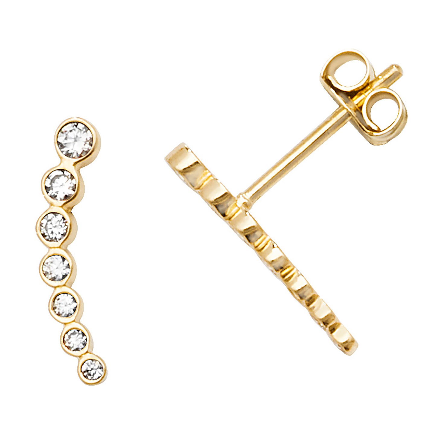 Cubic Zirconia Gemstone Curved, Bezel Set 9ct Yellow Gold Climber Stud Earrings