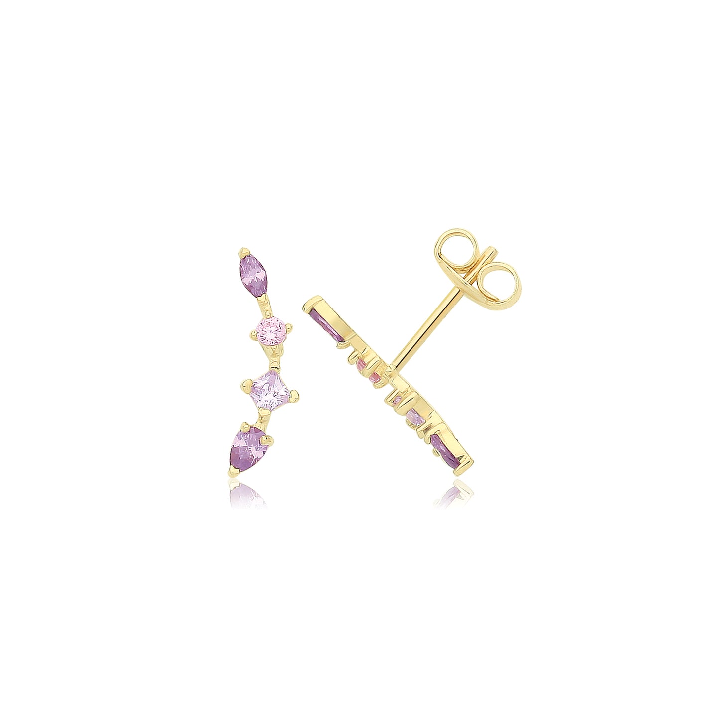 Mulitcoloured Purple Cubic Zirconia Gemstone Curved 9ct Yellow Gold Climber Stud Earrings