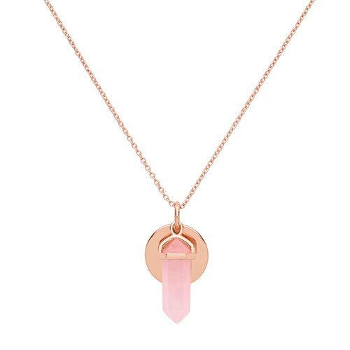 Silver Rose Gold Plated Disc & Pink Quartz Pendant Necklace