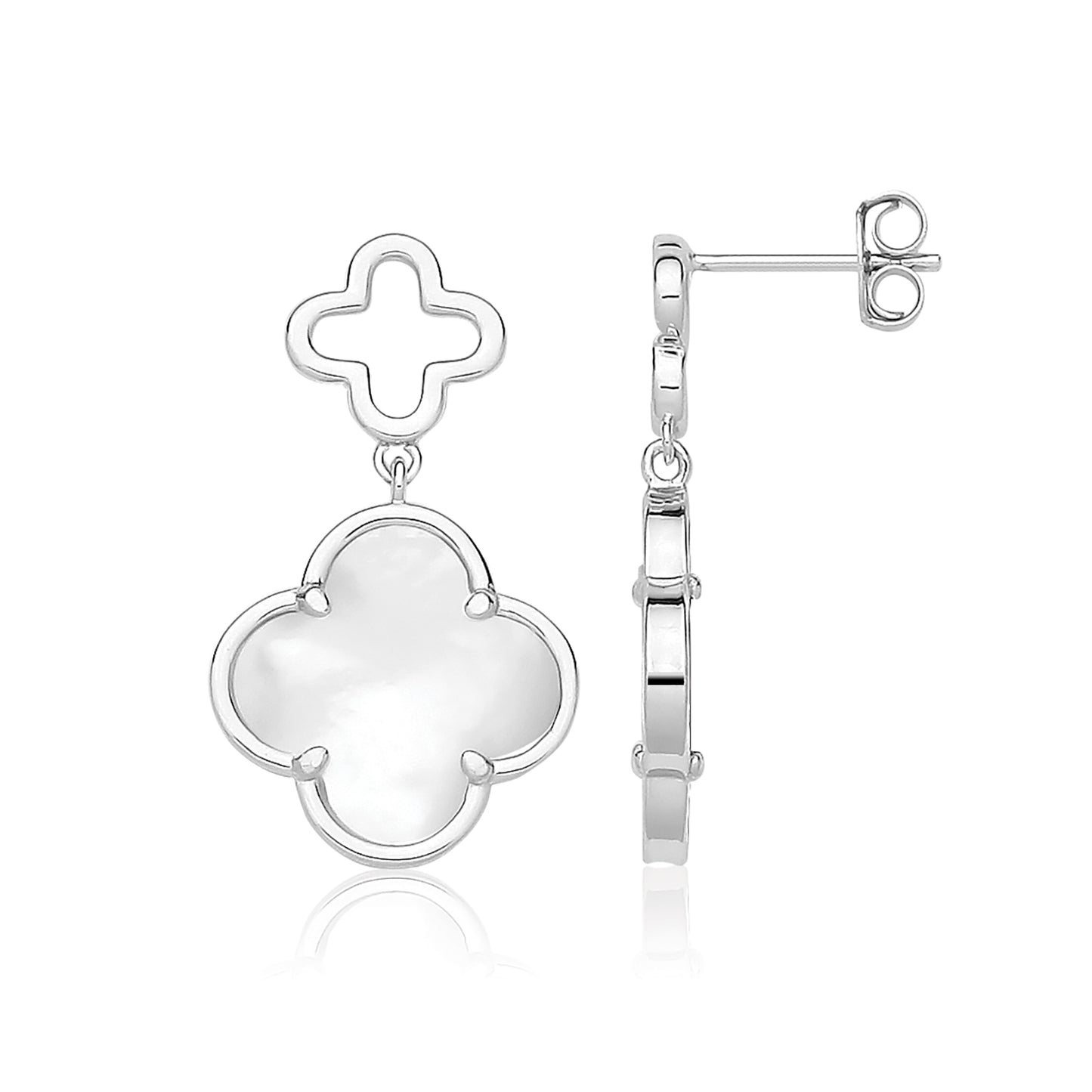 Silver Rhodium Plated Mother Of Pearl Clover Stud Drop Earrings