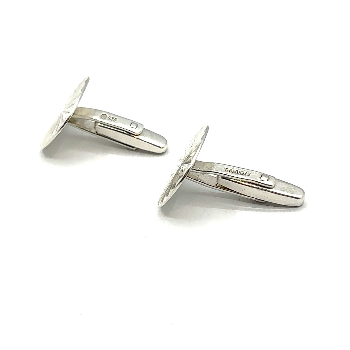 Vintage Solid Sterling Silver Fan Engraved Effect Bright Cut Cufflinks