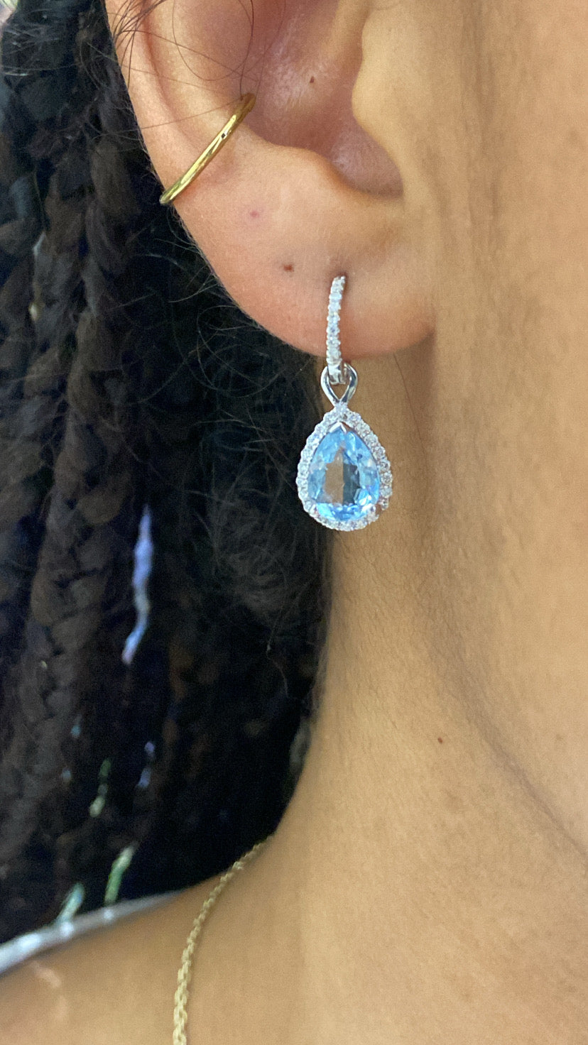 Bespoke Pear Cut Aquamarine with Diamond Halo 9ct White Gold Drop, Removeable Attachments For Earrings, Hoop Earrings and Necklaces